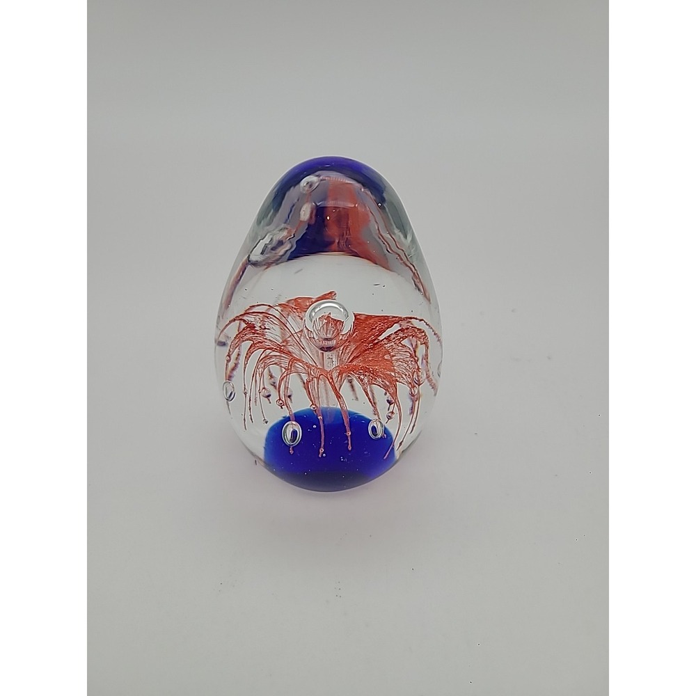 Art Glass Egg Shaped Paperweight Blue Coral Colors Flower Firework‎ Pattern